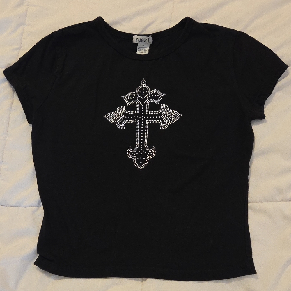 Rue21 Black Tee with Rhinestone Cross Design